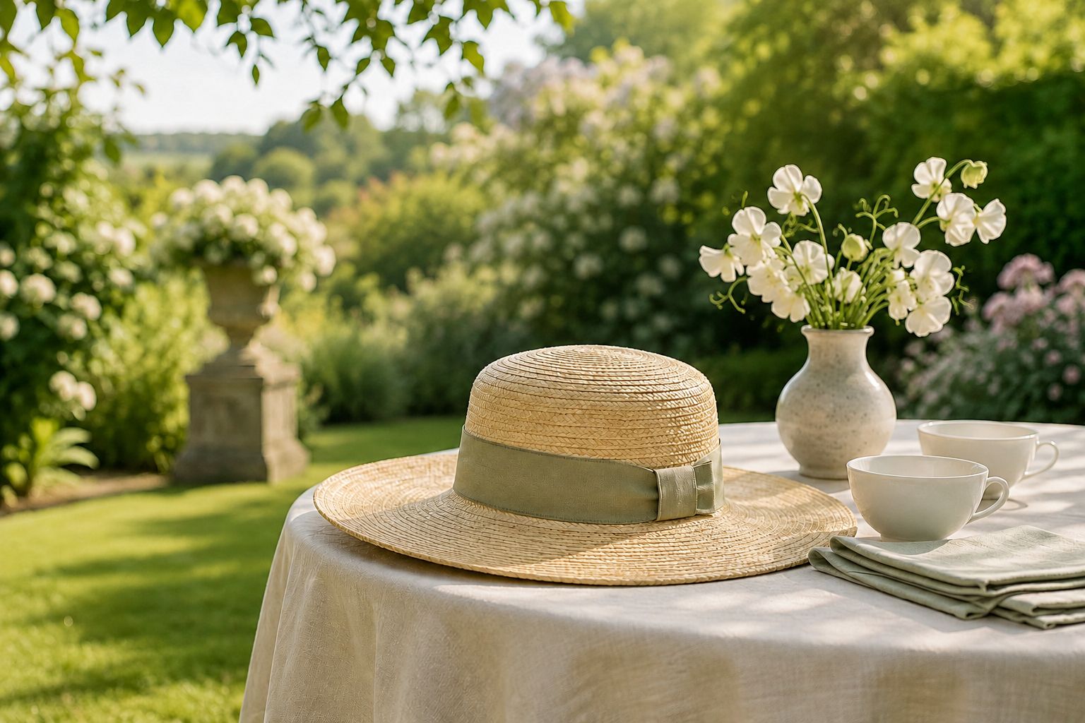 A wide-brimmed woven hat with a sage ribbon on a cloth-covered garden table, with white sweet peas and teacups.