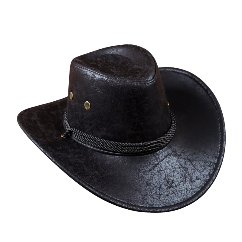 Faux Leather Cowboy Hat with Rolled Brim