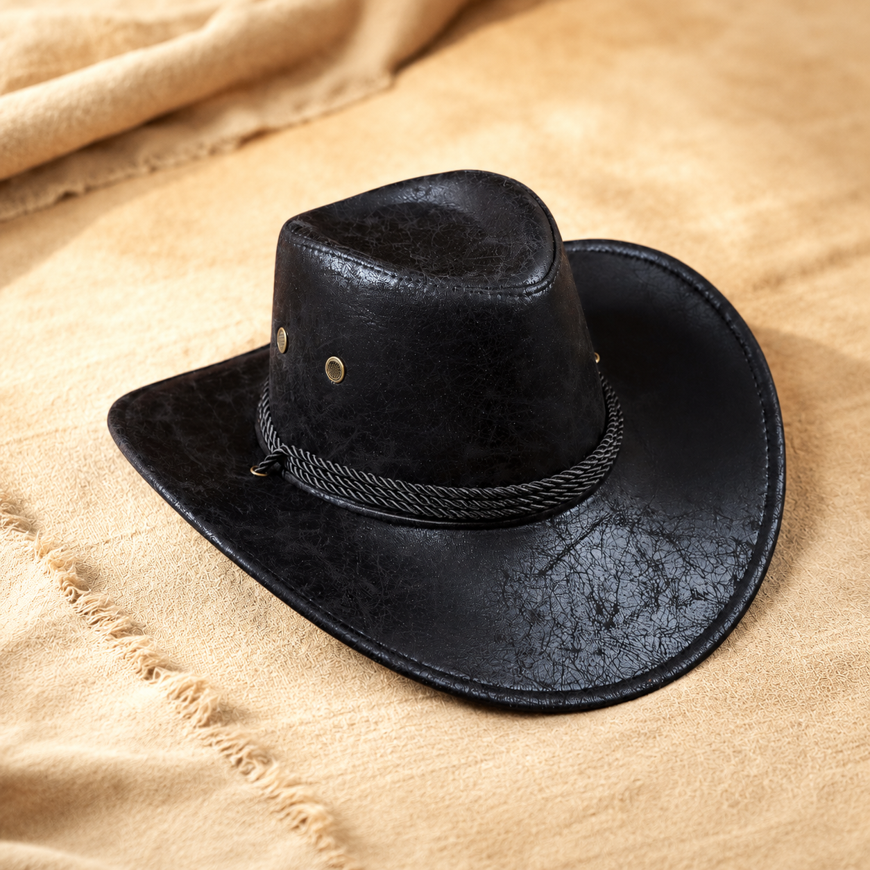 Faux Leather Cowboy Hat with Rolled Brim