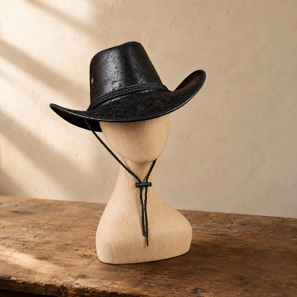 Faux Leather Cowboy Hat with Rolled Brim