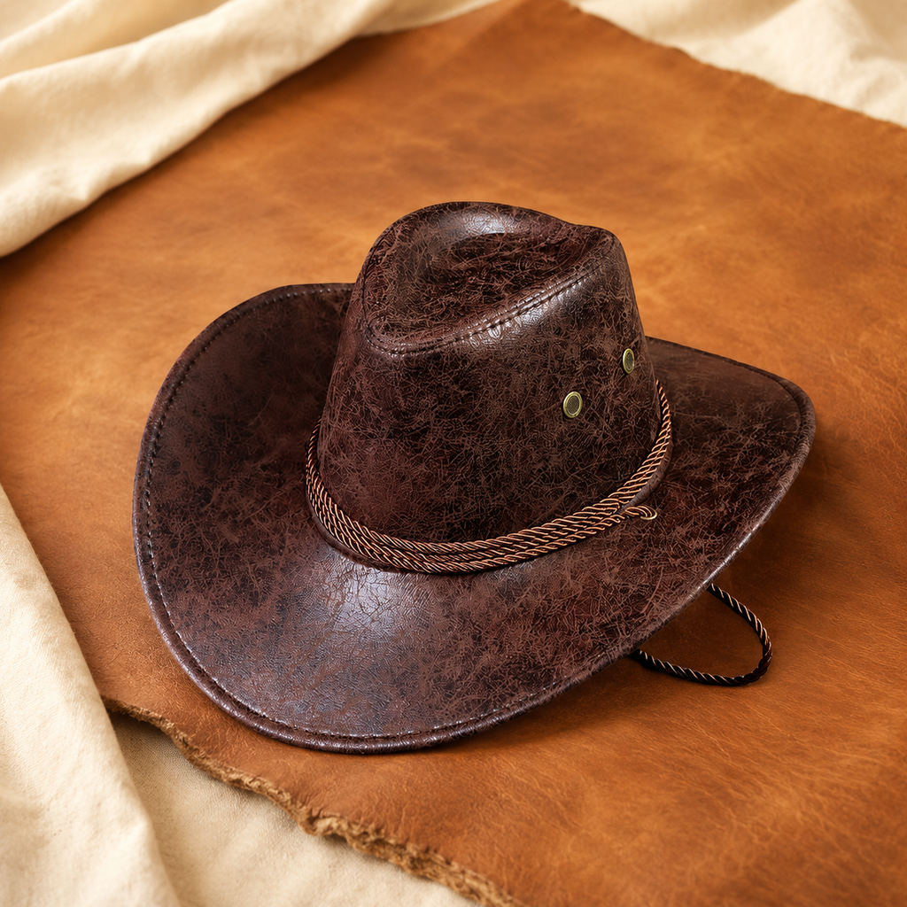 Faux Leather Cowboy Hat with Rolled Brim