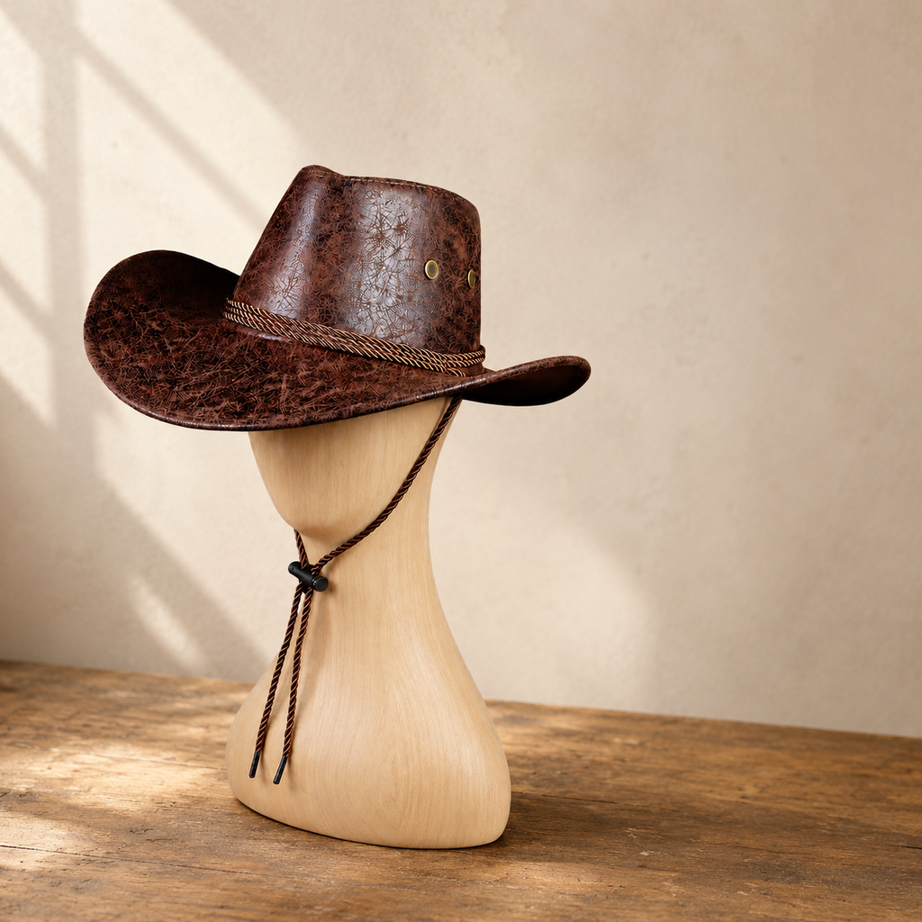 Faux Leather Cowboy Hat with Rolled Brim