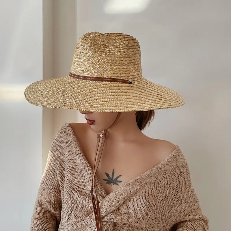 Selected Straw Sun Hat with Belt Trim, Wide Brim