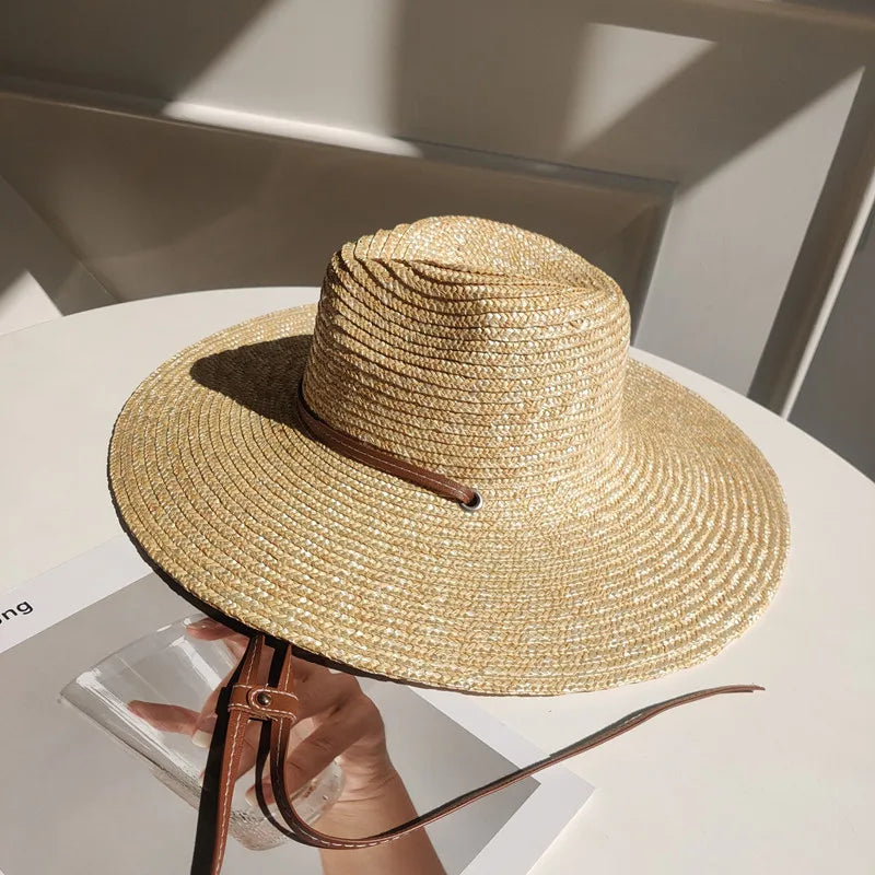 Selected Straw Sun Hat with Belt Trim, Wide Brim