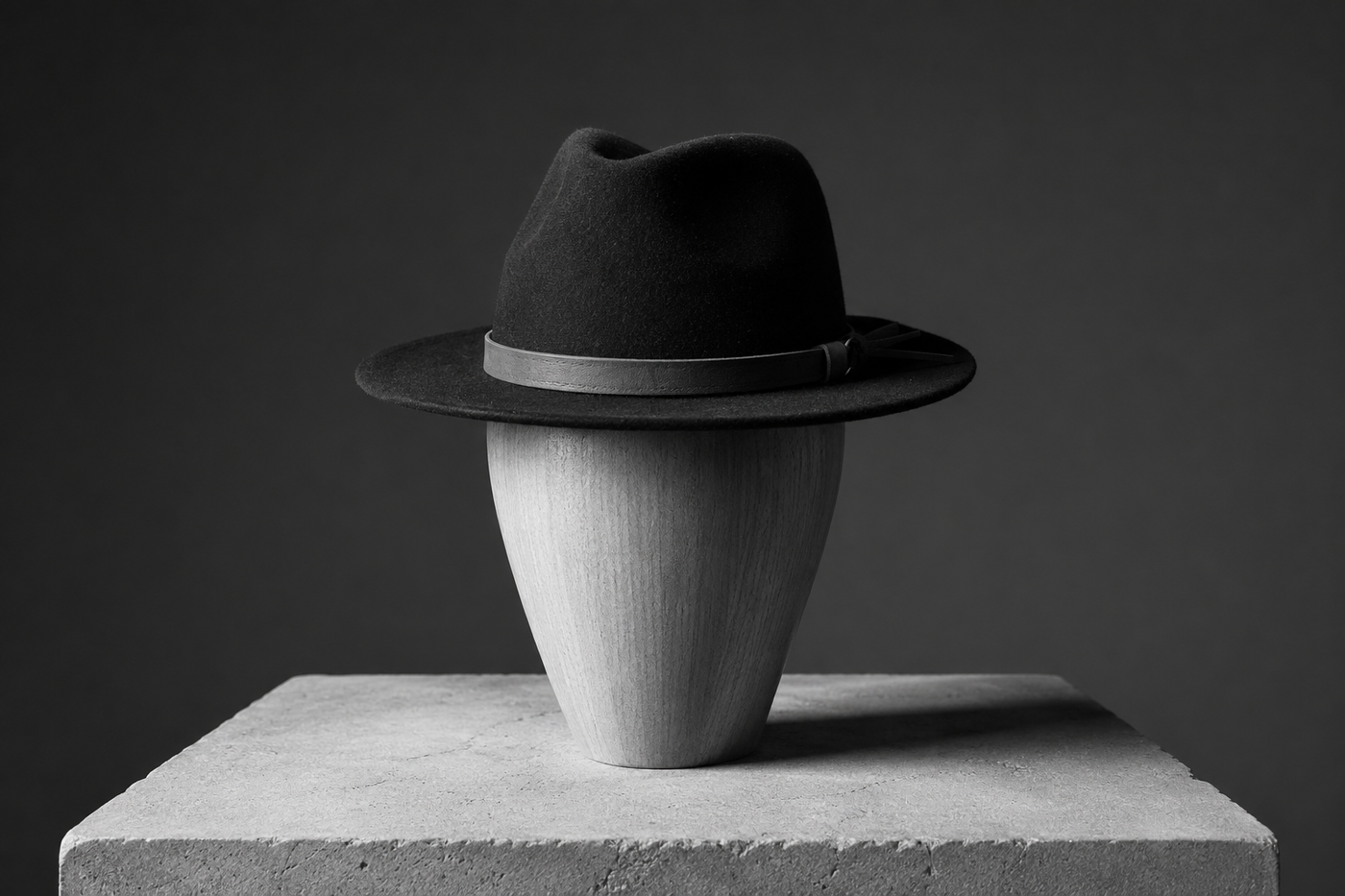 A wide-brim fedora with a pinched crown and a slim band, on a smooth faceless wooden stand on a pale stone plinth, in black and white.