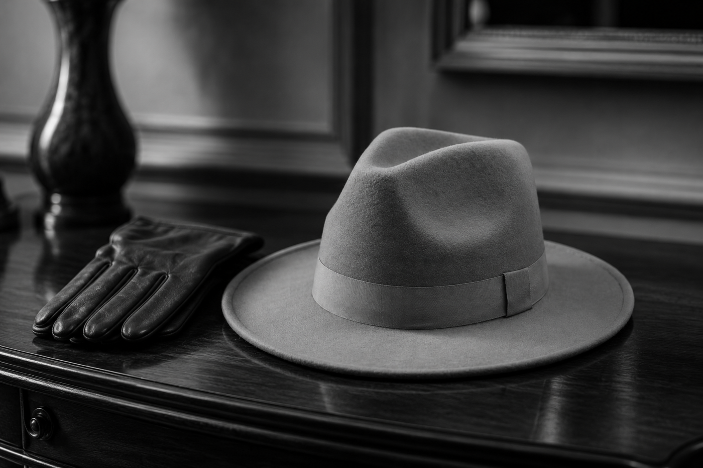 A wide-brim fedora with a grosgrain band resting on a dark wooden console beside a pair of gloves, in a quiet interior, black and white.