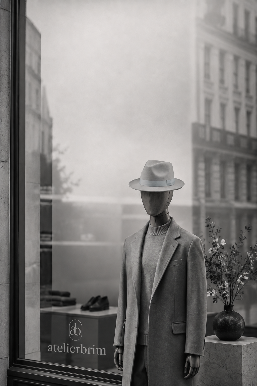A faceless wooden mannequin in a long autumn coat wearing a wide-brim fedora, in an atelierbrim shop window, black and white.