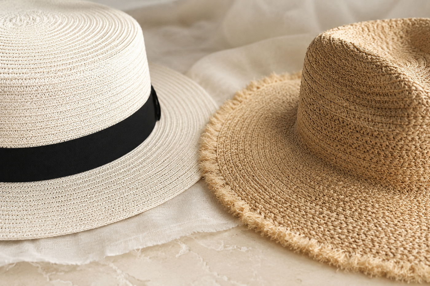 Two summer hats resting on linen, one a fine even woven braid, the other an open frayed-brim weave.