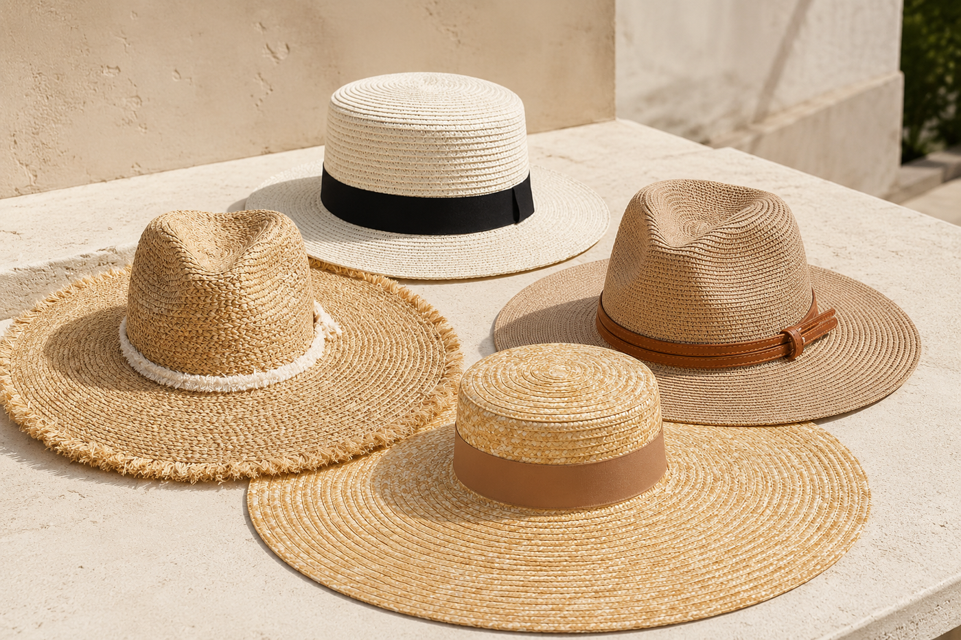 Four summer hats grouped on a sunlit stone surface, a flat boater, an open weave, a wide brim and an oversized brim.