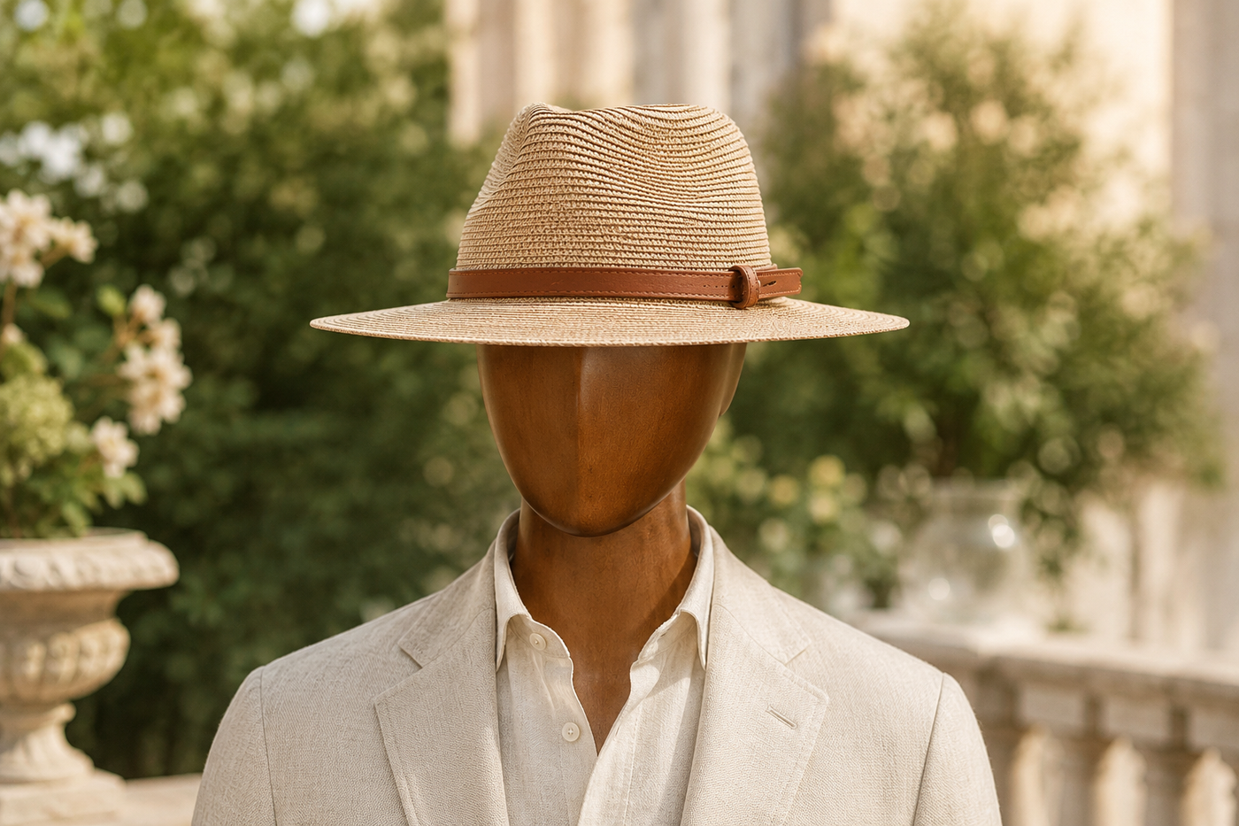 A faceless wooden mannequin wearing a wide-brim hat with a slim tan band and a linen jacket, in a sunlit garden.