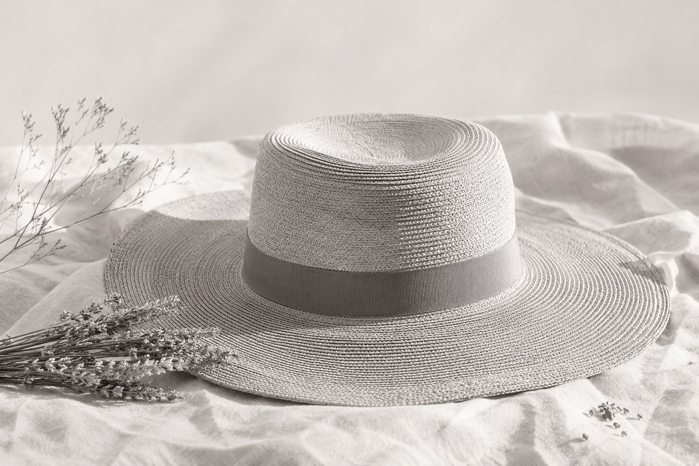 A wide-brimmed summer hat photographed as a still life, in soft warm black and white.
