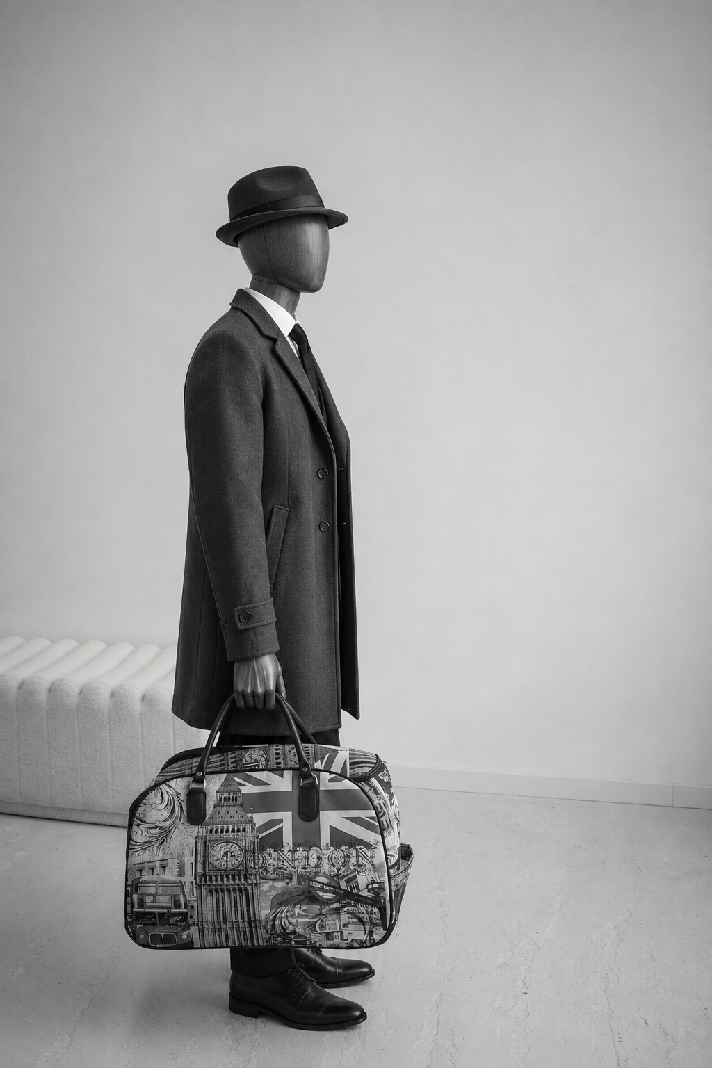 A faceless wooden mannequin wearing a trilby and coat, holding a patterned travel bag, photographed in black and white.