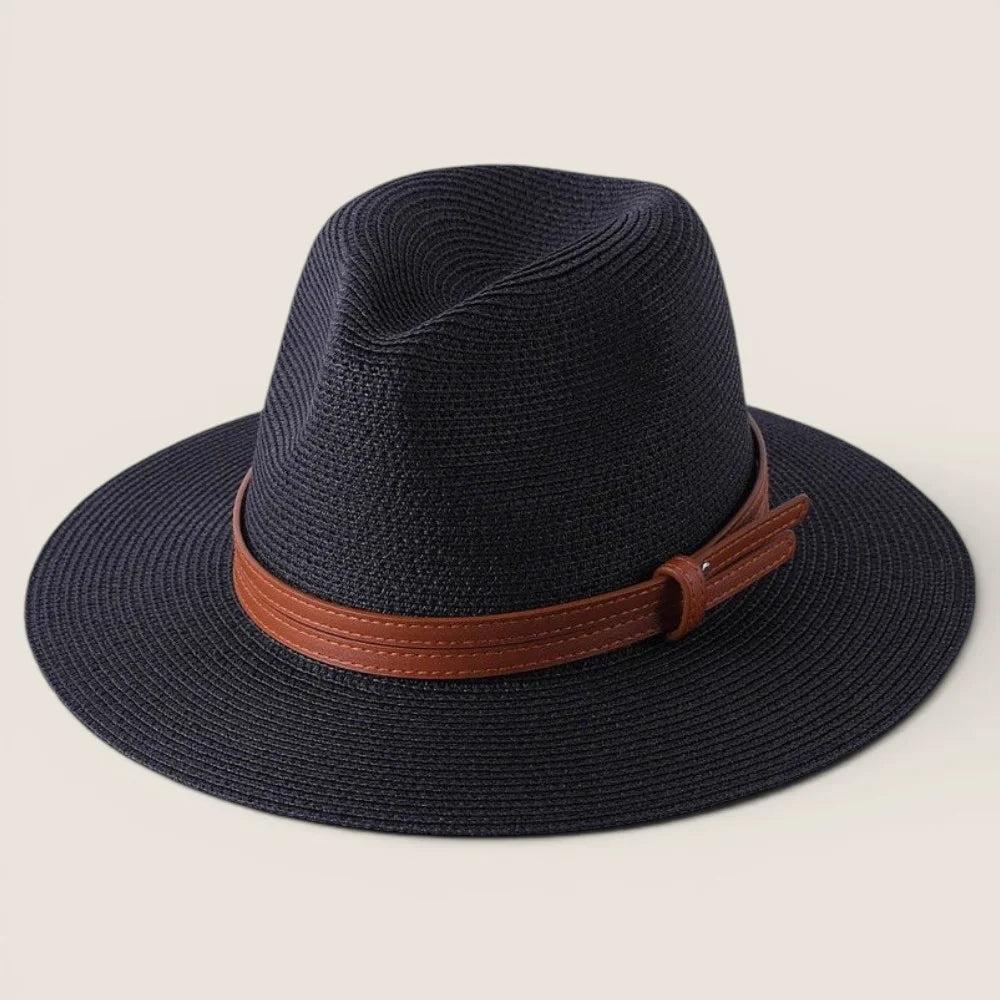 atelierbrim wide-brim straw hat, pinched crown, Black with Tan Band