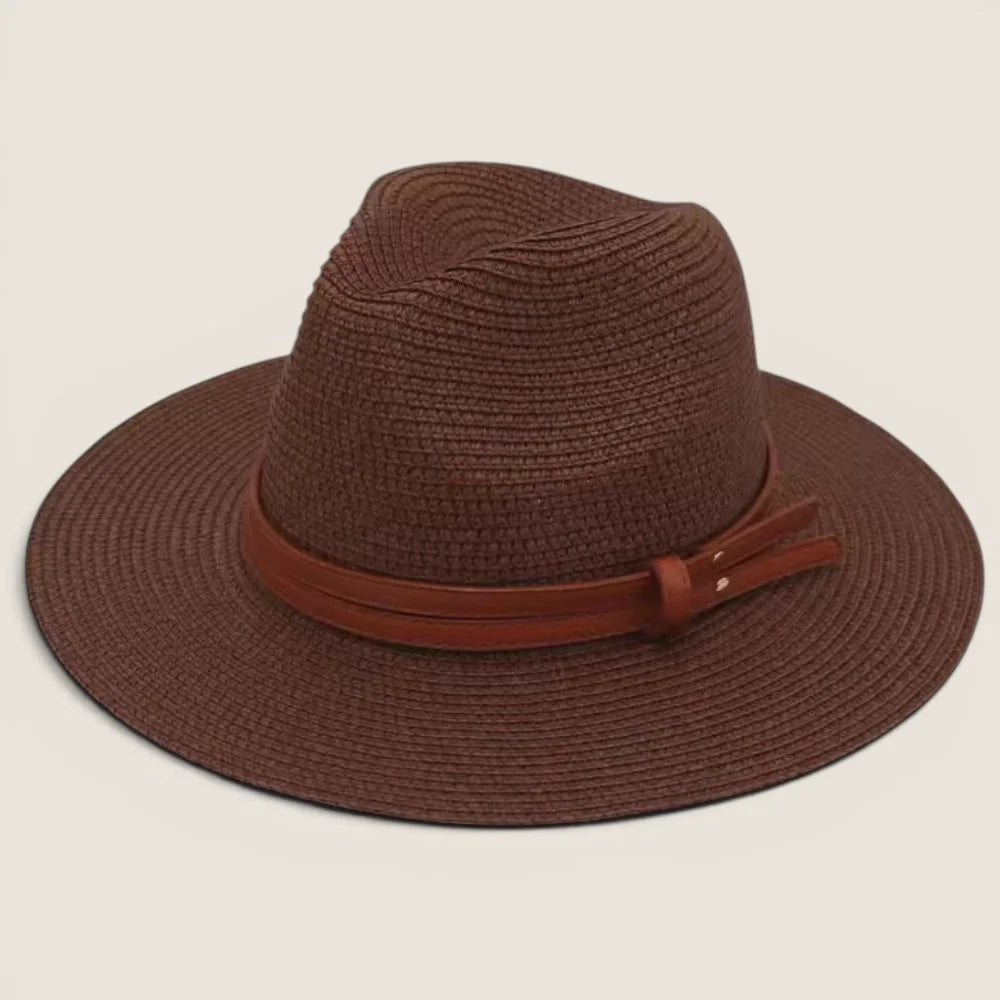 atelierbrim wide-brim straw hat, pinched crown, Coffee Brown with Tan Band