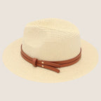atelierbrim wide-brim straw hat, pinched crown, Light Beige with Tan Band