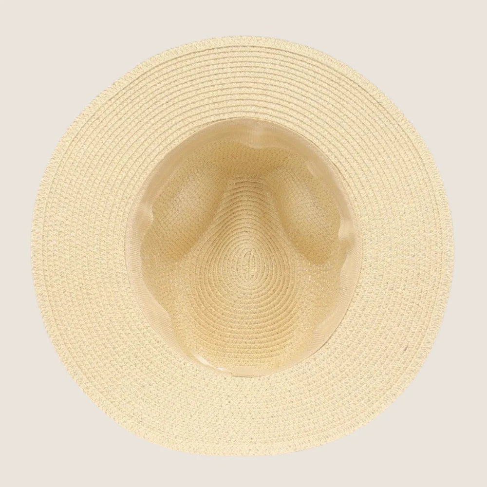 atelierbrim wide-brim straw hat, pinched crown, Light Beige with Tan Band