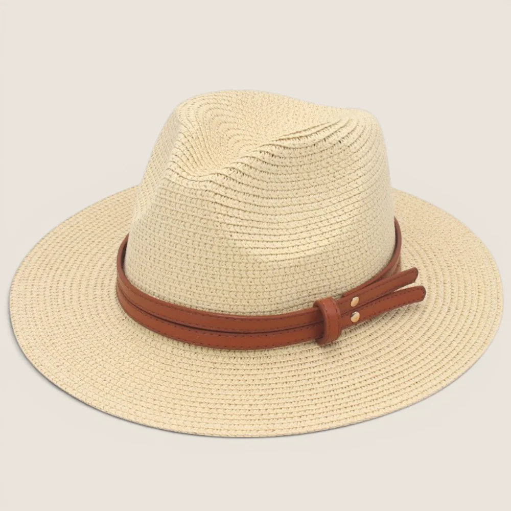atelierbrim wide-brim straw hat, pinched crown, Light Beige with Tan Band