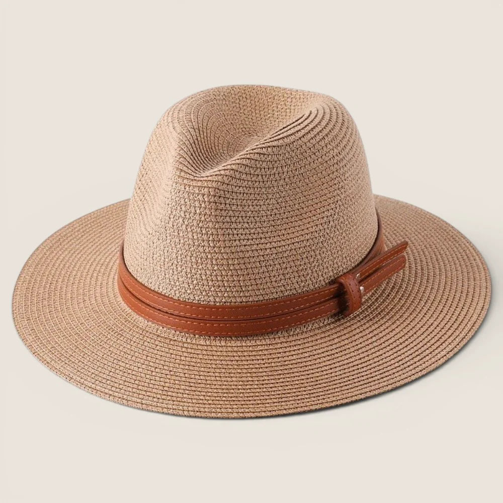 atelierbrim wide-brim straw hat, pinched crown, Natural Beige with Tan Band