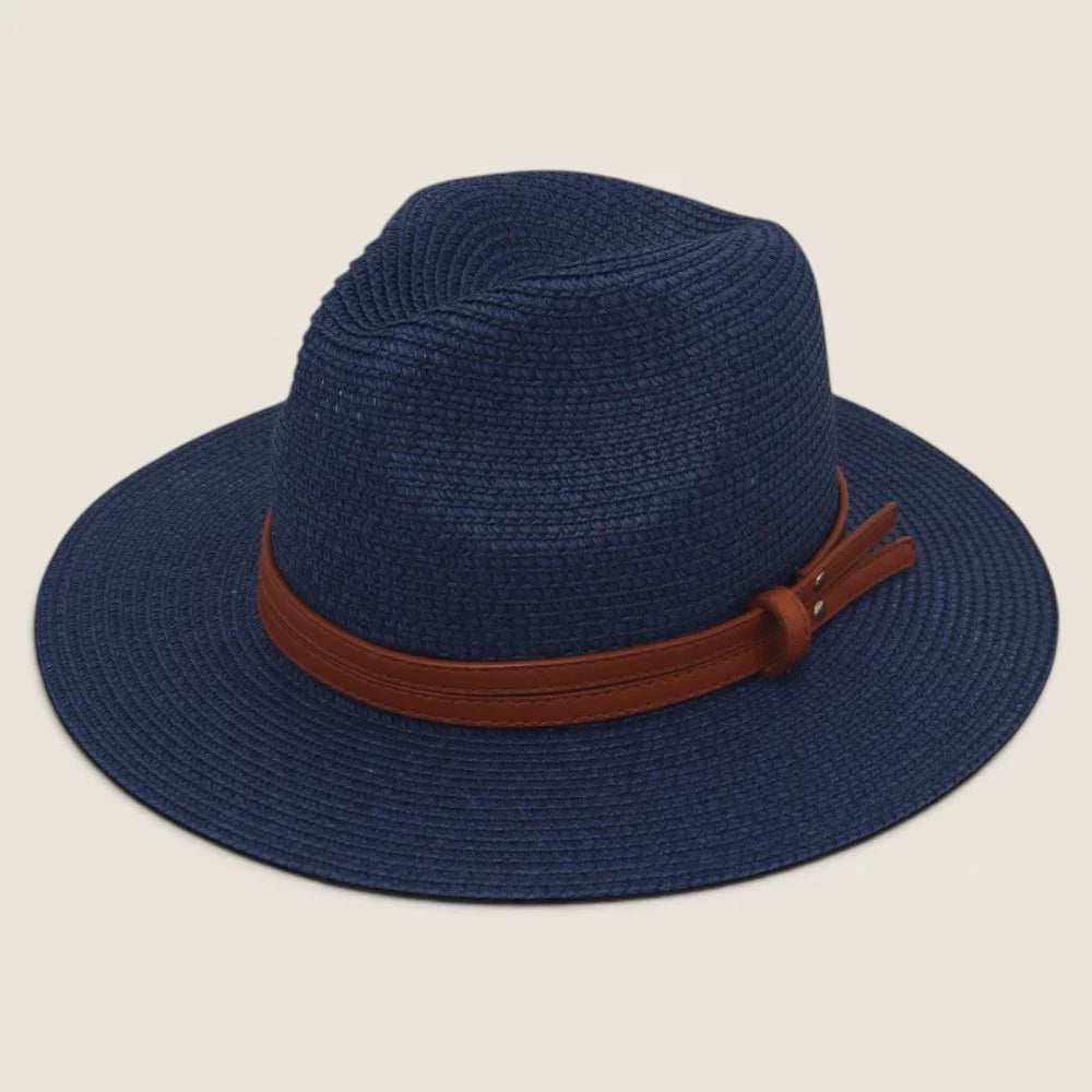 atelierbrim wide-brim straw hat, pinched crown, Navy Blue with Tan Band