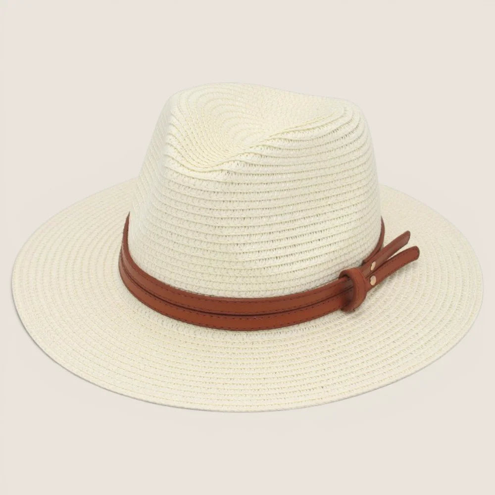 atelierbrim wide-brim straw hat, pinched crown, Off-White with Tan Band