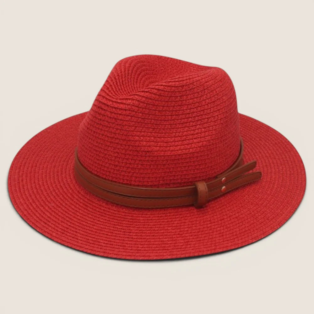 atelierbrim wide-brim straw hat, pinched crown, Red with Tan Band