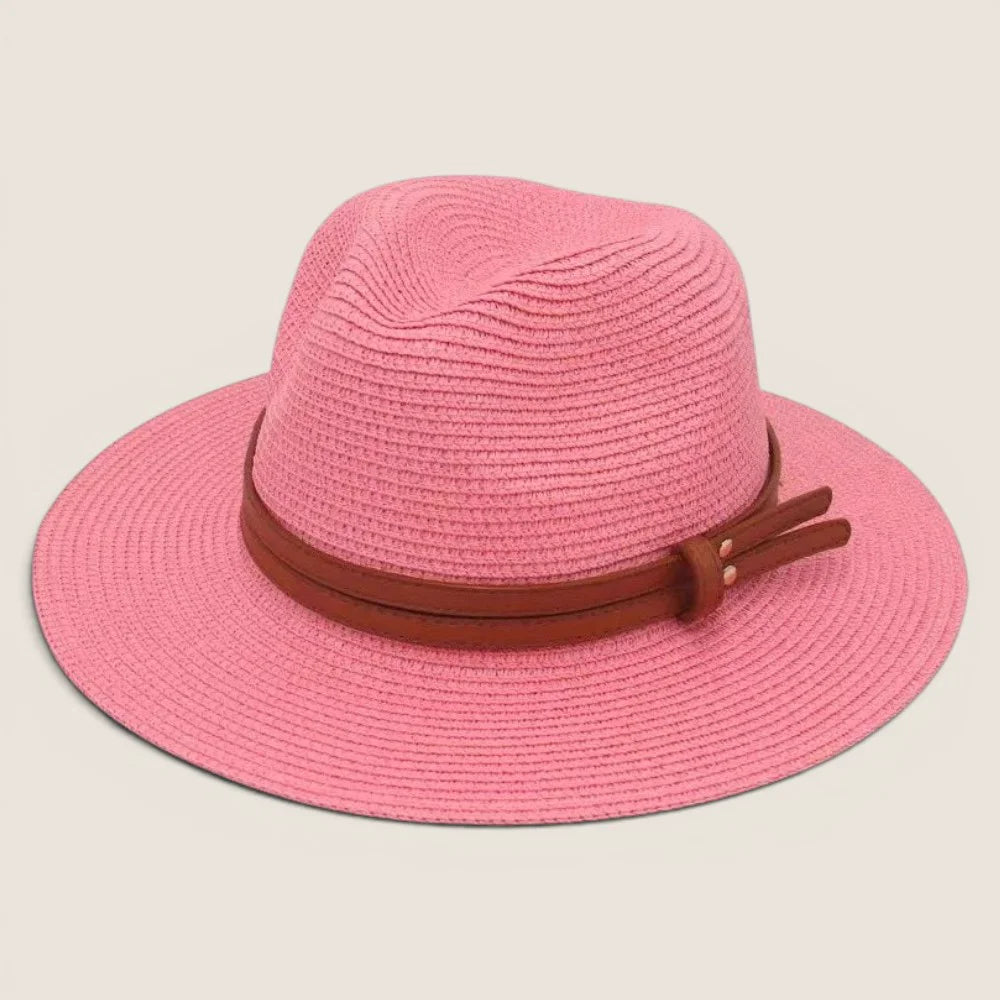atelierbrim wide-brim straw hat, pinched crown, Soft Pink with Tan Band