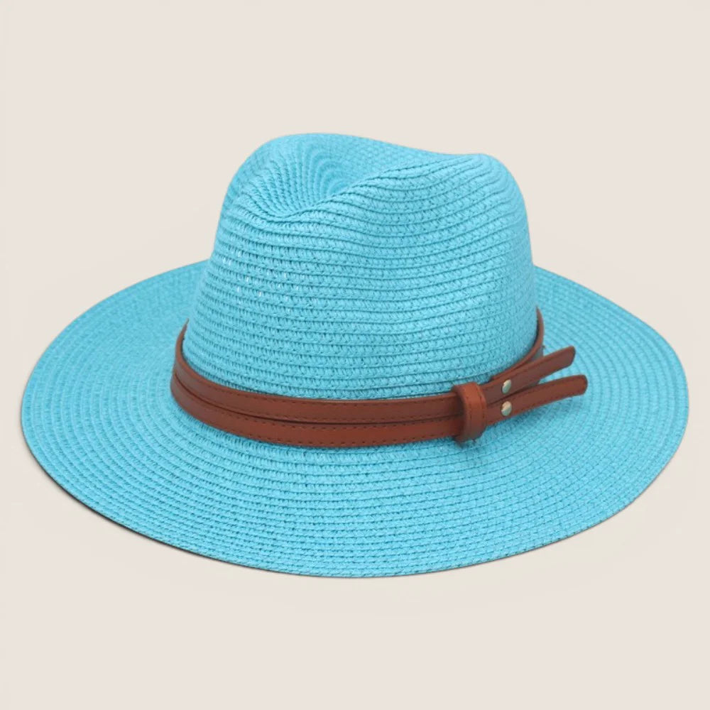 atelierbrim wide-brim straw hat, pinched crown, Turquoise with Tan Band