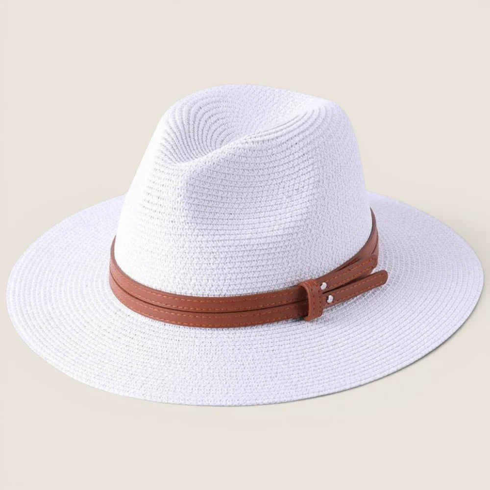 atelierbrim wide-brim straw hat, pinched crown, White with Tan Band