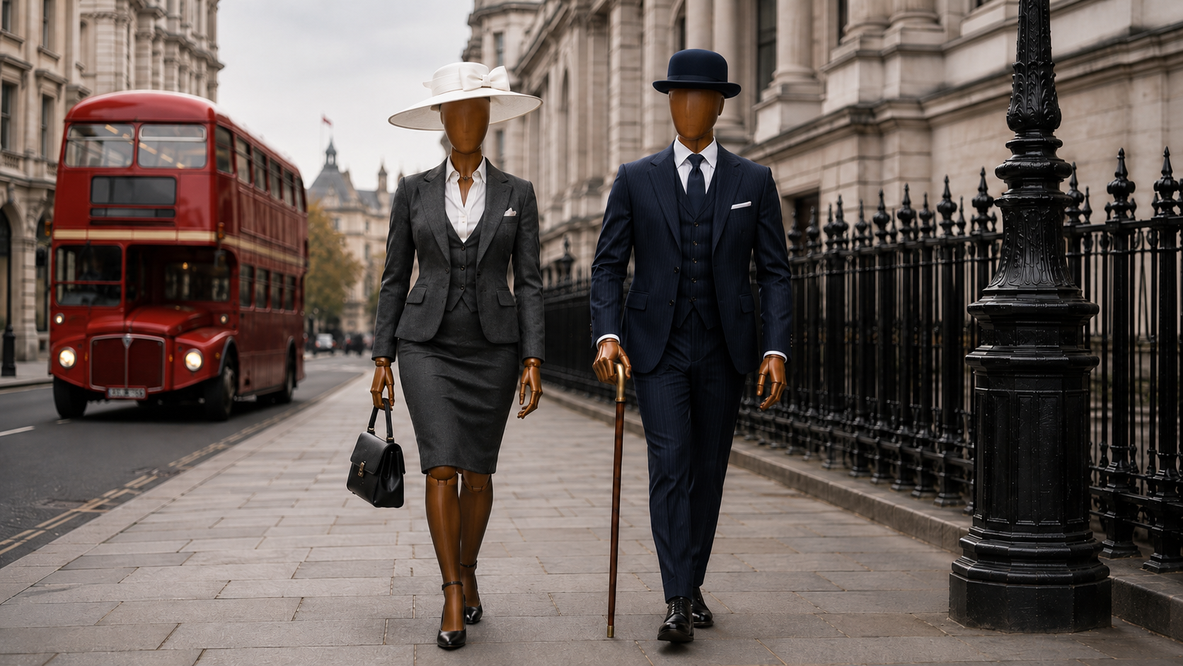 Two wooden artist mannequins walking on a London street with a red double-decker bus, dressed in tailored grey and navy pinstripe suits, wearing a white wide-brim hat and a navy bowler hat