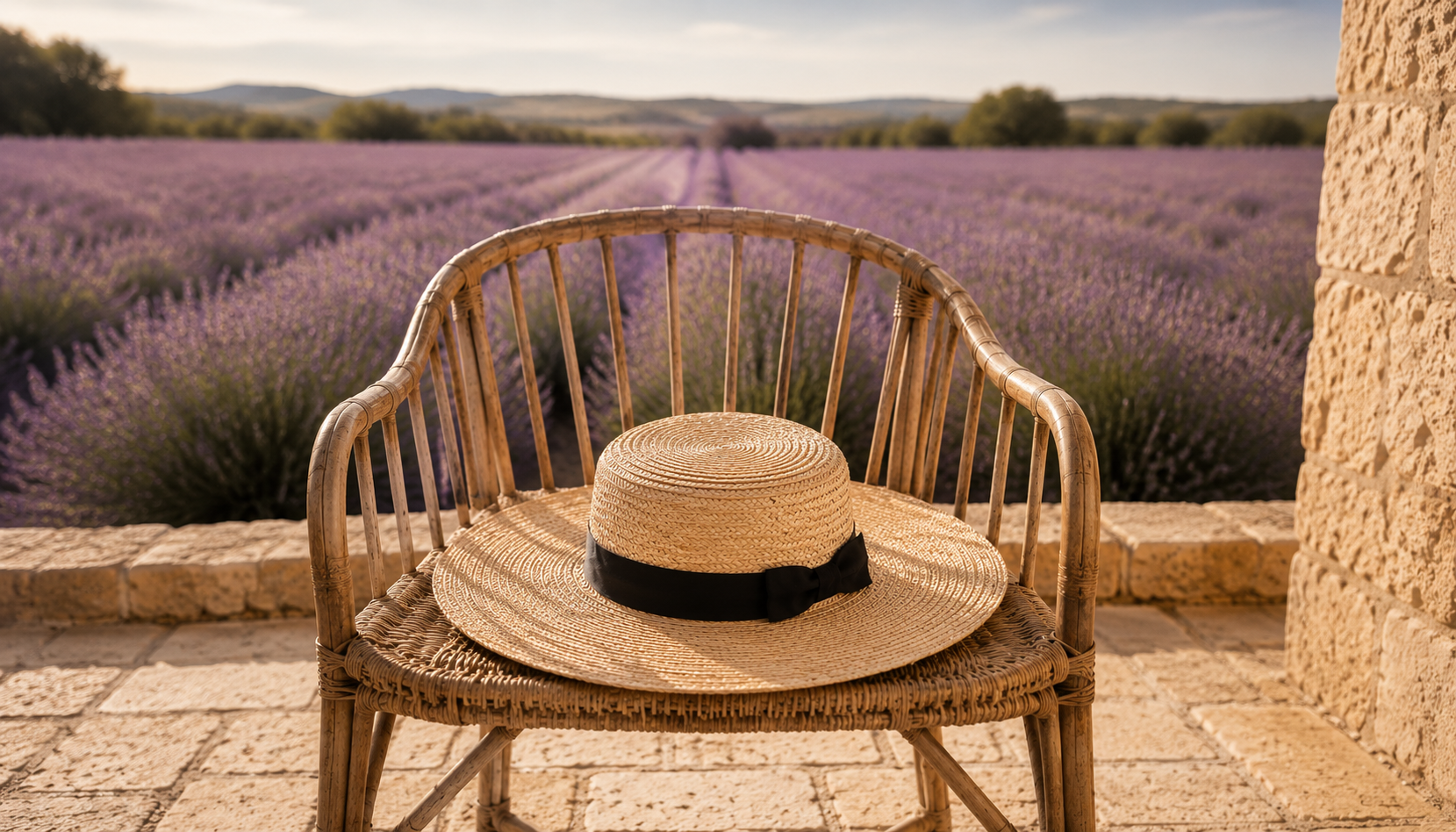 Wide-brim straw sun hat with black grosgrain ribbon resting on a rattan armchair, Provence lavender field in soft golden light