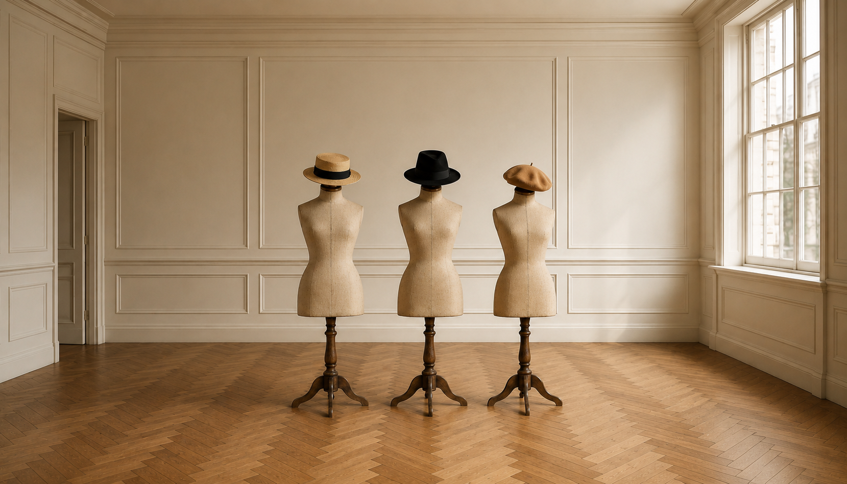 Three vintage Stockman dressmaking form mannequins in a heritage UK showroom, displaying a straw boater, a black wool felt fedora, and a camel wool beret